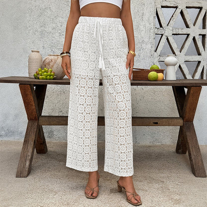 Lace Trousers Summer High Waist See-through Straight-leg Pants