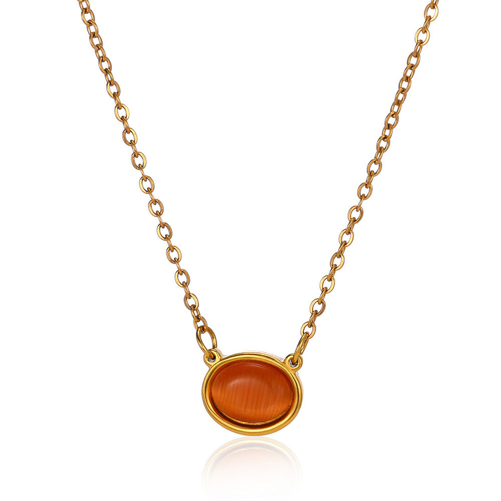 Oval Cat's Eye Pendant Titanium Steel Necklace Niche