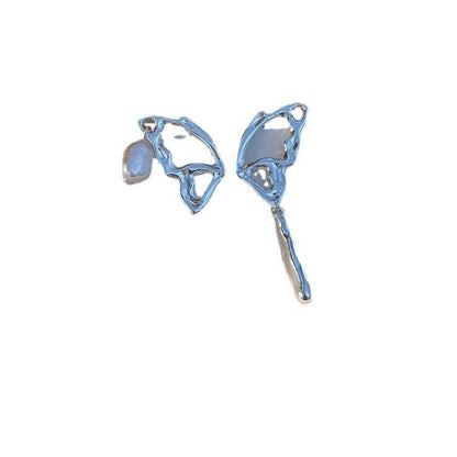 Sterling Silver Needle Frosty Style Stud Earrings Asymmetric Butterfly Wings