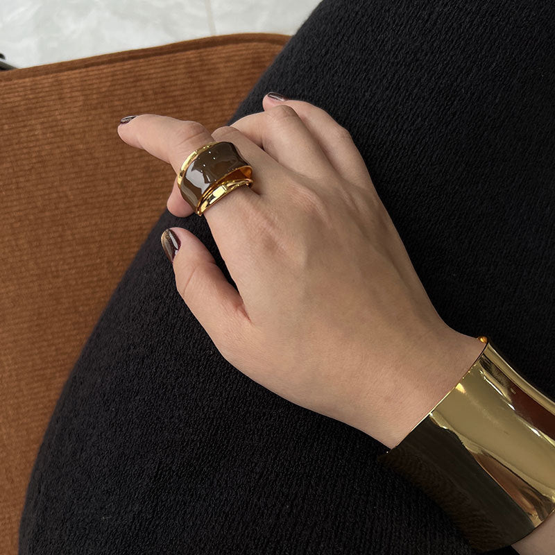 Maillard Style Chocolate Dripping Oil Double-layer Metal Open Ring