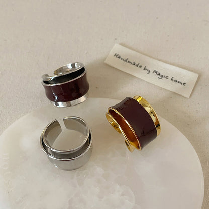 Maillard Style Chocolate Dripping Oil Double-layer Metal Open Ring