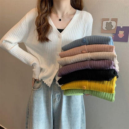 Fall V-neck Sunken Stripe Knitted Cardigan