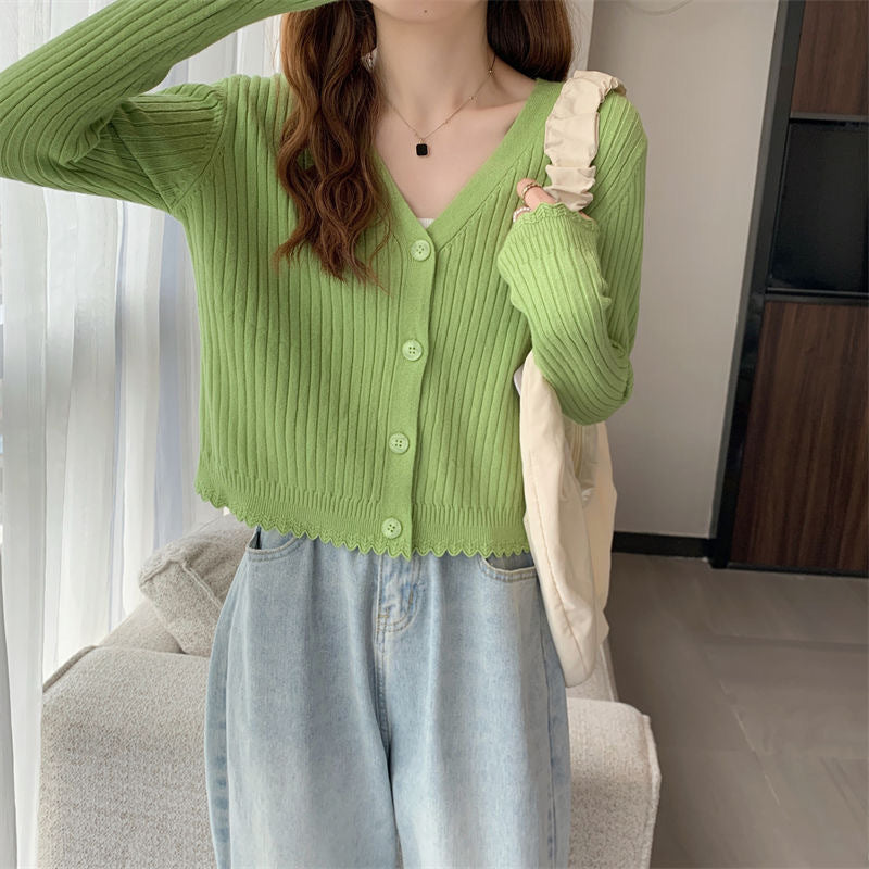 Fall V-neck Sunken Stripe Knitted Cardigan