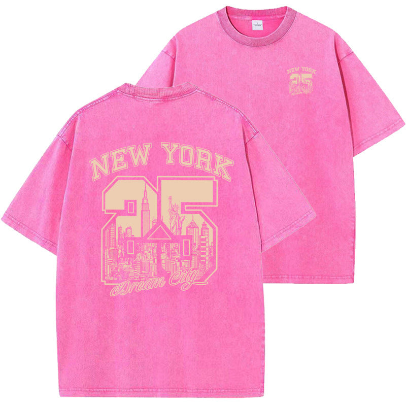 New Vintage Print Washed Short-sleeved T-shirt