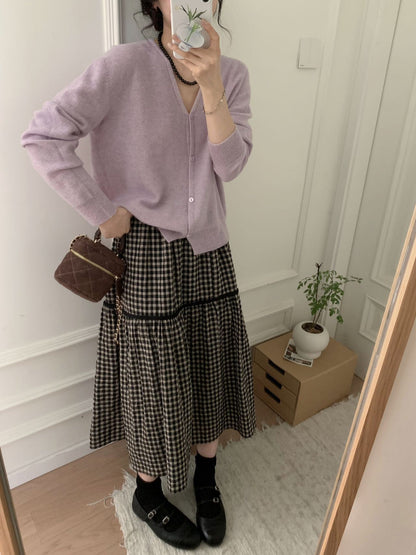 Women's Double Face Wool Leather V-neck Long-sleeved Knitted Cardigan