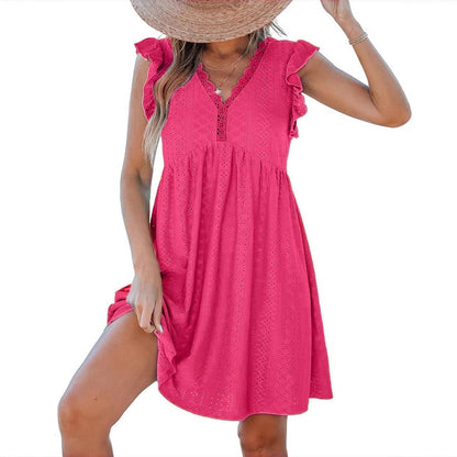 Women's V-neck Lace Cutout Short-sleeved Blouse Dress