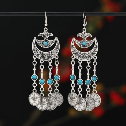 Retro Exotic Antique Silver Coin Tassel Earrings