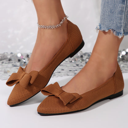 Pointed Knitted Bow Shallow Mouth Pumps