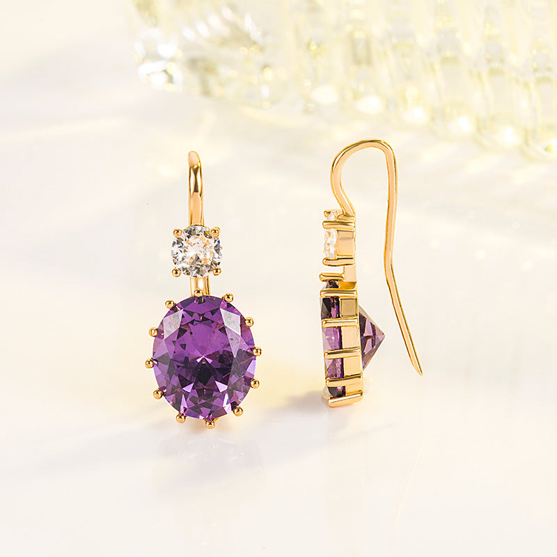 Oval Purple Diamond Zircon Women's 18K Gold Amethyst Earrings