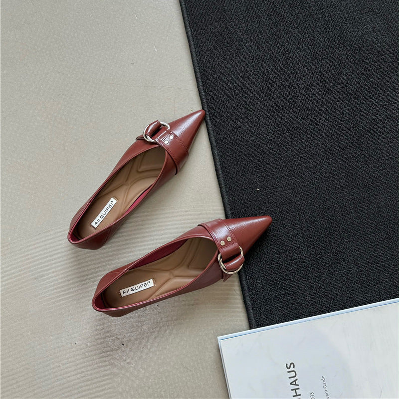 French Pointed Flat Soft Bottom Metal Belt Buckle Shoes
