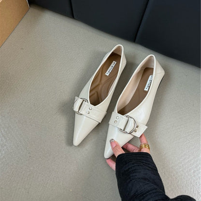 French Pointed Flat Soft Bottom Metal Belt Buckle Shoes