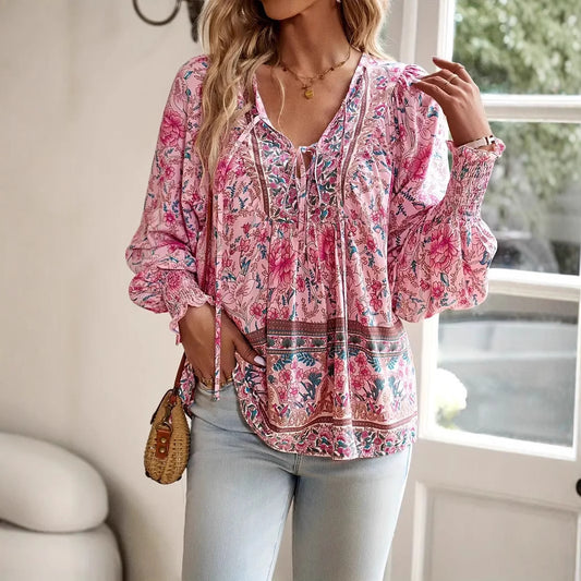 Bohemian Vacation Style Printed V-neck Lace-up Long Sleeve Top