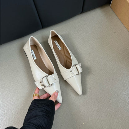 French Pointed Flat Soft Bottom Metal Belt Buckle Shoes