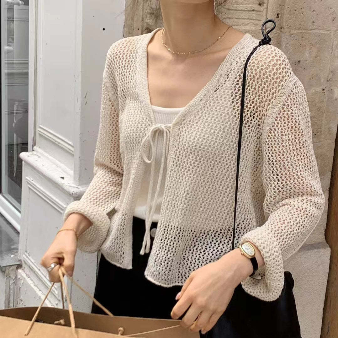 V-neck Lace-up Hollow Knitted Cardigan