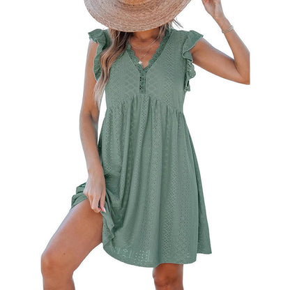 Women's V-neck Lace Cutout Short-sleeved Blouse Dress