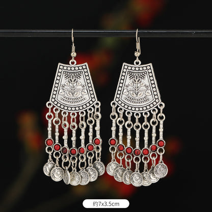 Retro Exotic Antique Silver Coin Tassel Earrings