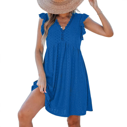 Women's V-neck Lace Cutout Short-sleeved Blouse Dress