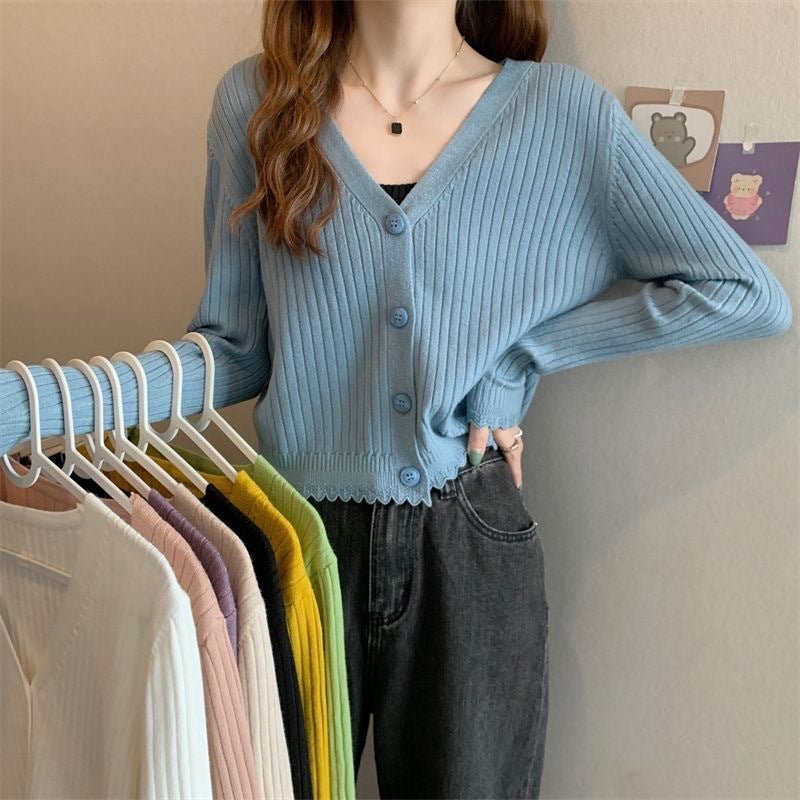 Fall V-neck Sunken Stripe Knitted Cardigan