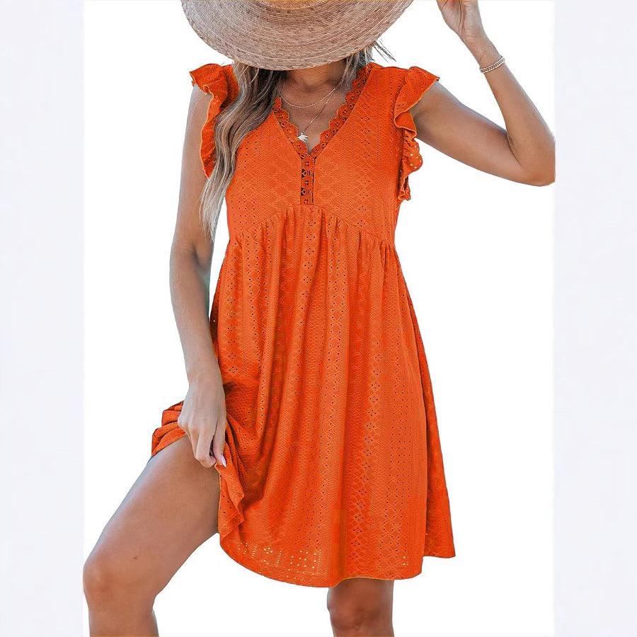Women's V-neck Lace Cutout Short-sleeved Blouse Dress