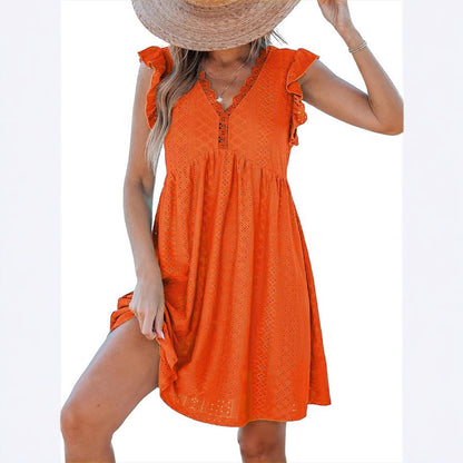 Women's V-neck Lace Cutout Short-sleeved Blouse Dress
