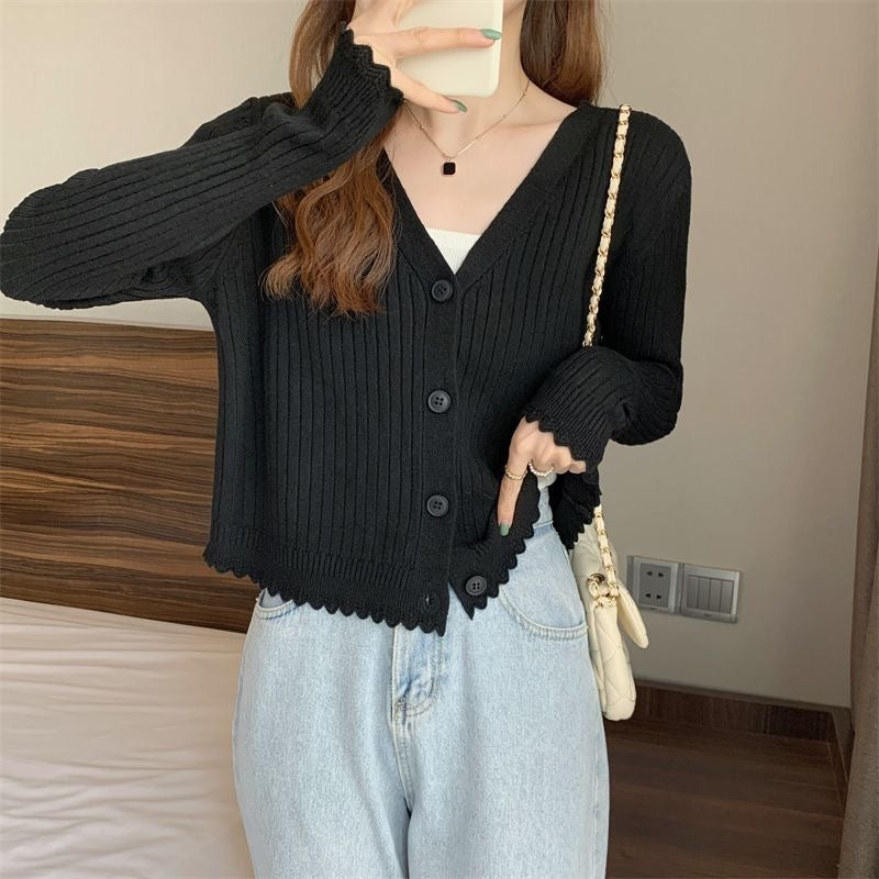 Fall V-neck Sunken Stripe Knitted Cardigan