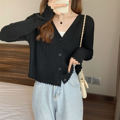 Fall V-neck Sunken Stripe Knitted Cardigan