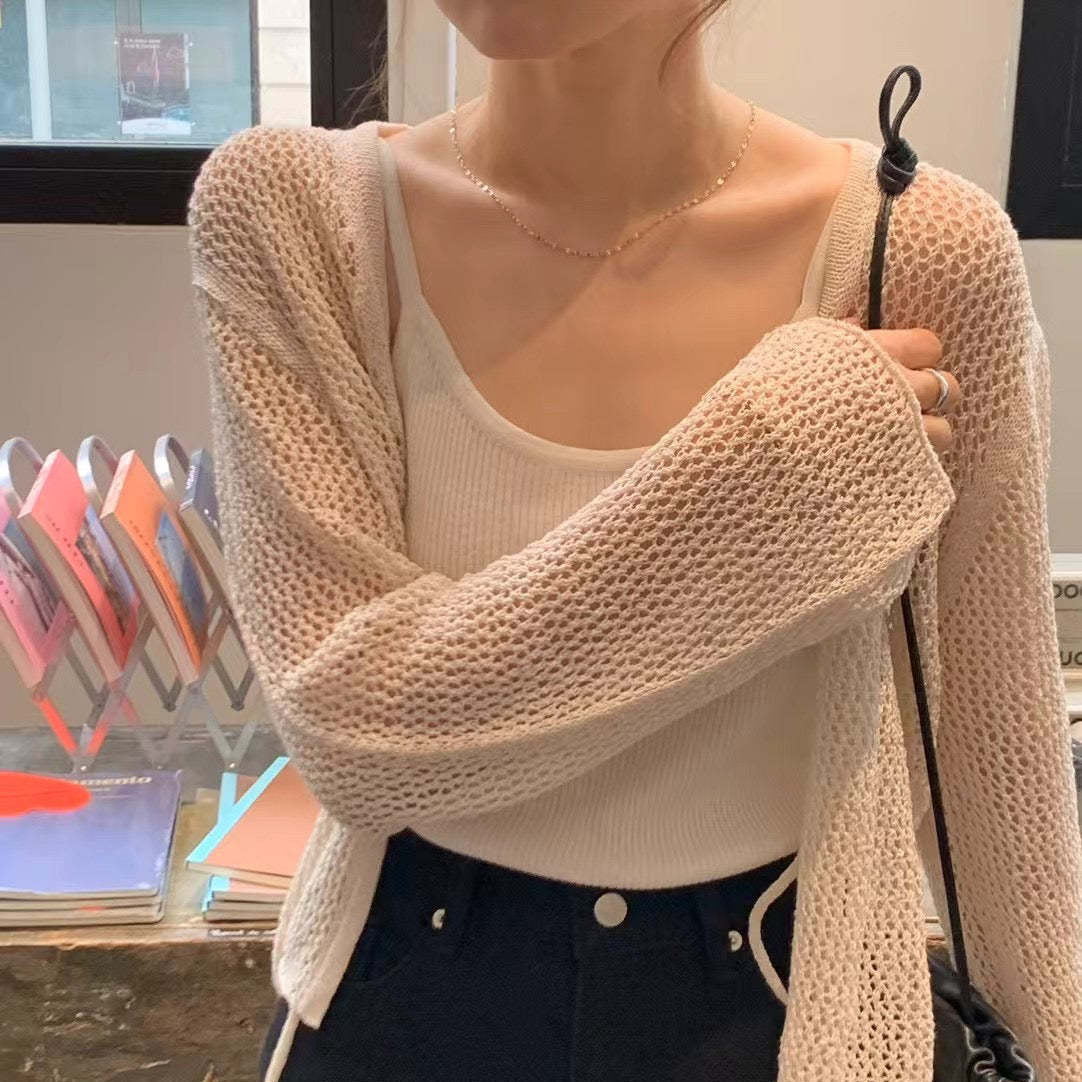 V-neck Lace-up Hollow Knitted Cardigan