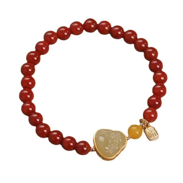 Southern Red Agate Beaded 14K Gold Inlaid With Jade Buddha Bracelet - Image 2