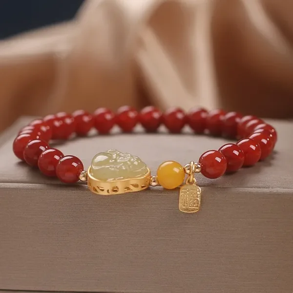 Southern Red Agate Beaded 14K Gold Inlaid With Jade Buddha Bracelet