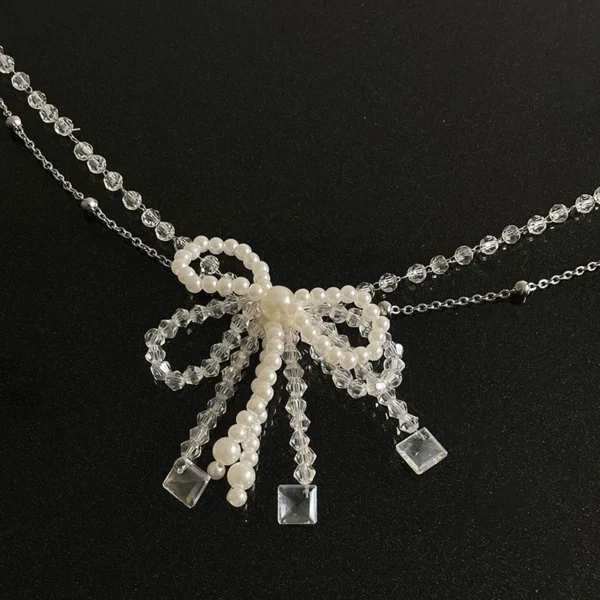 Crystal String Beads Bow Pearl Necklace - Image 3