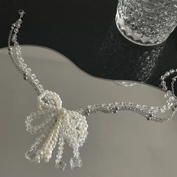 Crystal String Beads Bow Pearl Necklace - Image 4