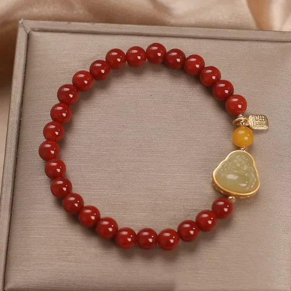 Southern Red Agate Beaded 14K Gold Inlaid With Jade Buddha Bracelet - Image 4