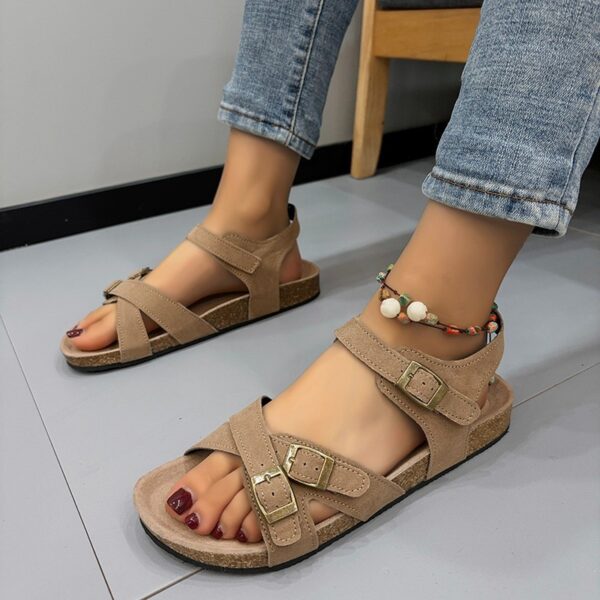 Women's Belt Buckle Cross Strap Flat Bottom Casual Slippers - Image 3