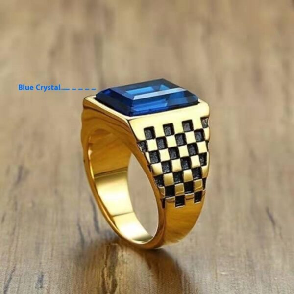 Men's Copper Checkerboard Grid Dyed Black Blue Glass Stone Ring - Image 4