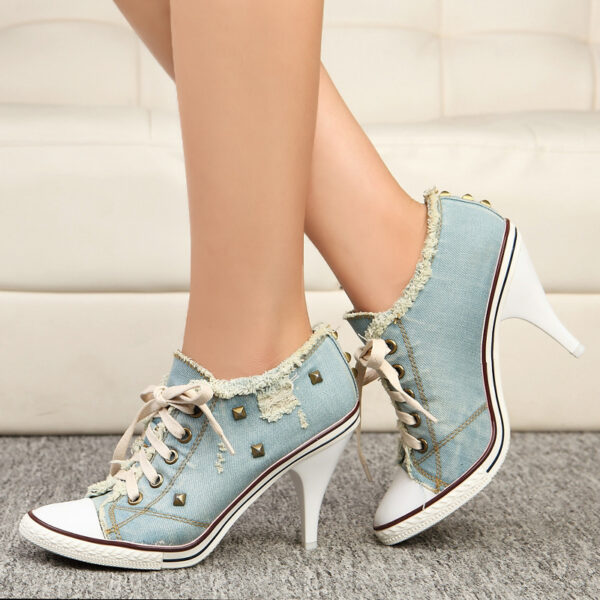 Casual Denim Washed Canvas Super High Heels - Image 5