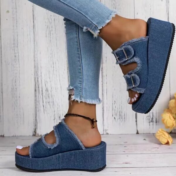 Denim Buckle Thick Sole Wedge Sandals - Image 4