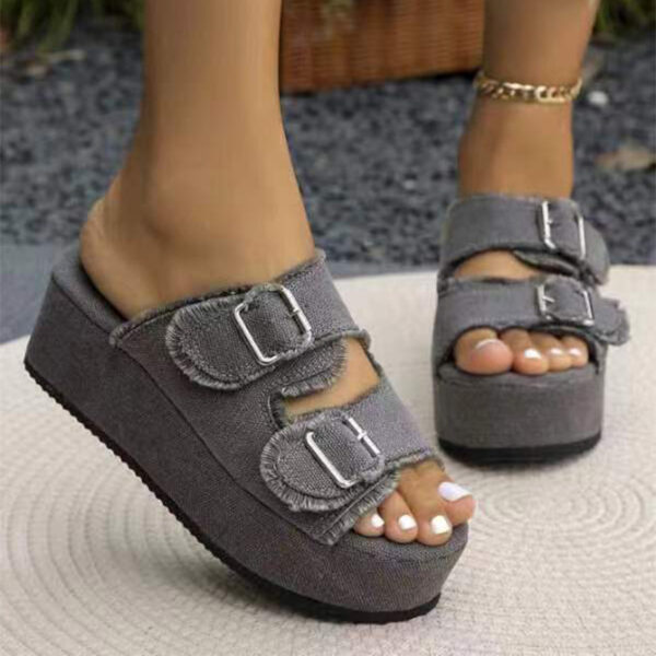 Denim Buckle Thick Sole Wedge Sandals - Image 2