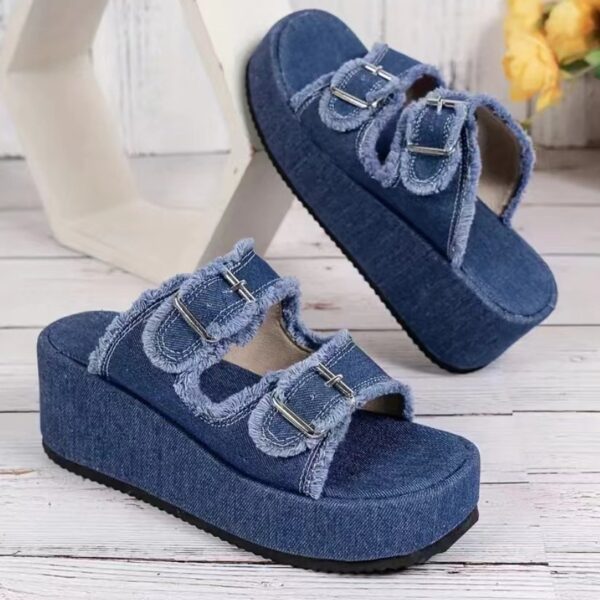 Denim Buckle Thick Sole Wedge Sandals - Image 6