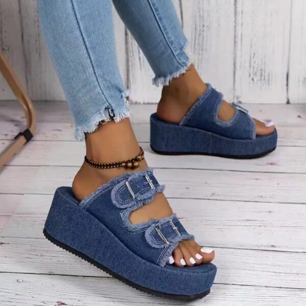 Denim Buckle Thick Sole Wedge Sandals - Image 5