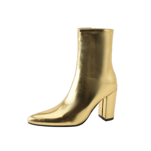 Pointed Toe Thick Heel Golden And Silver Side Zipper Boots - Image 4