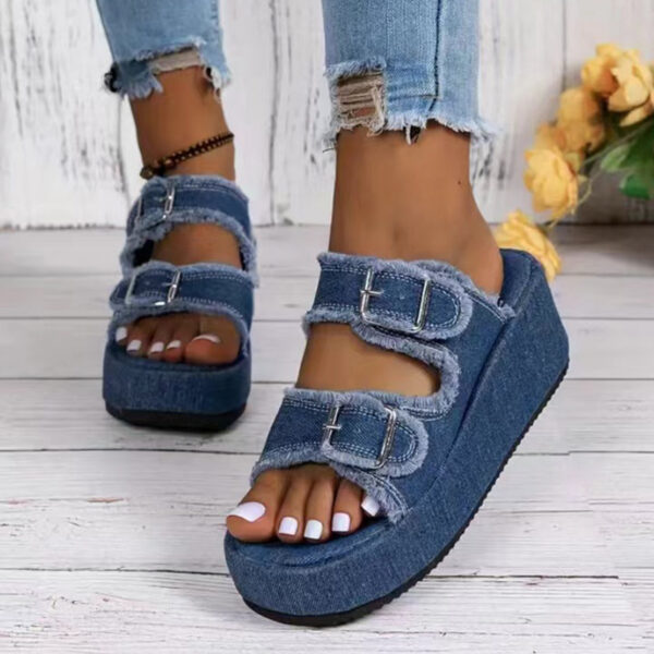 Denim Buckle Thick Sole Wedge Sandals