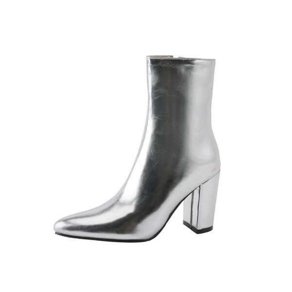 Pointed Toe Thick Heel Golden And Silver Side Zipper Boots - Image 5