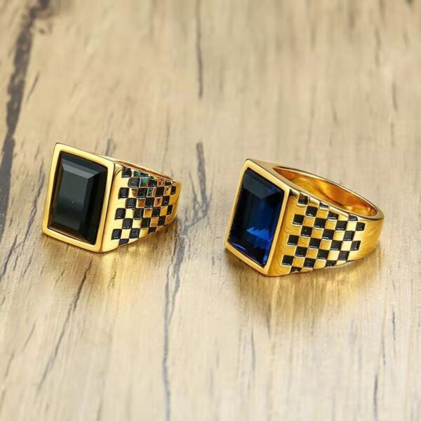 Men's Copper Checkerboard Grid Dyed Black Blue Glass Stone Ring