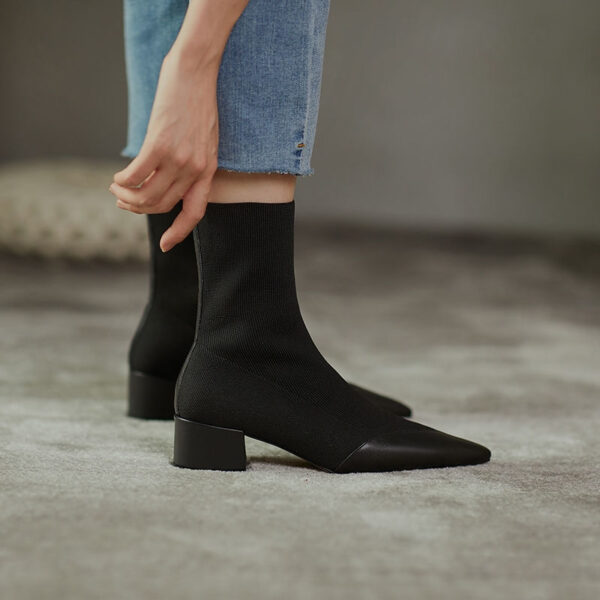 Woolen Yarn Pointed Chunky Heel Short Boots - Image 3