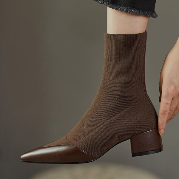 Woolen Yarn Pointed Chunky Heel Short Boots - Image 5