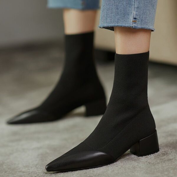 Woolen Yarn Pointed Chunky Heel Short Boots - Image 2