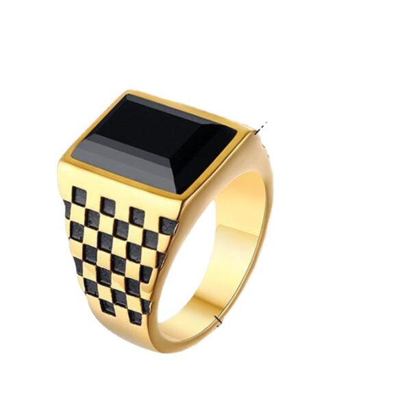 Men's Copper Checkerboard Grid Dyed Black Blue Glass Stone Ring - Image 5