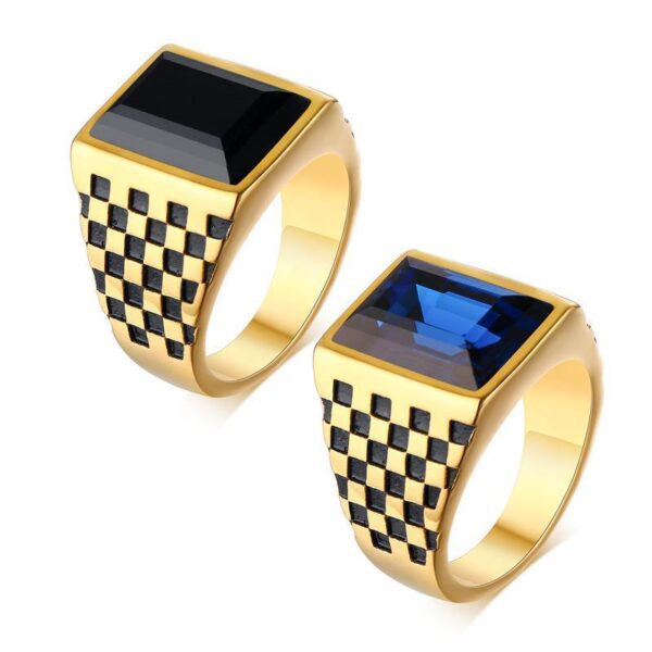 Men's Copper Checkerboard Grid Dyed Black Blue Glass Stone Ring - Image 2