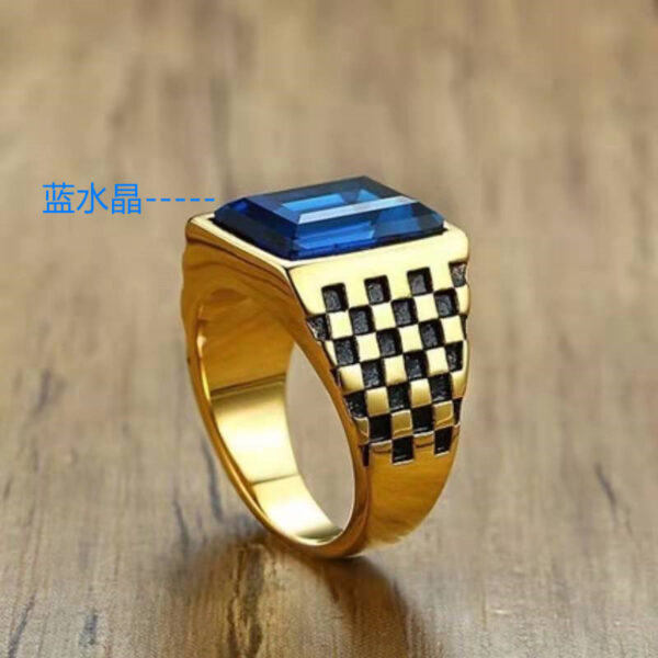 Men's Copper Checkerboard Grid Dyed Black Blue Glass Stone Ring - Image 6