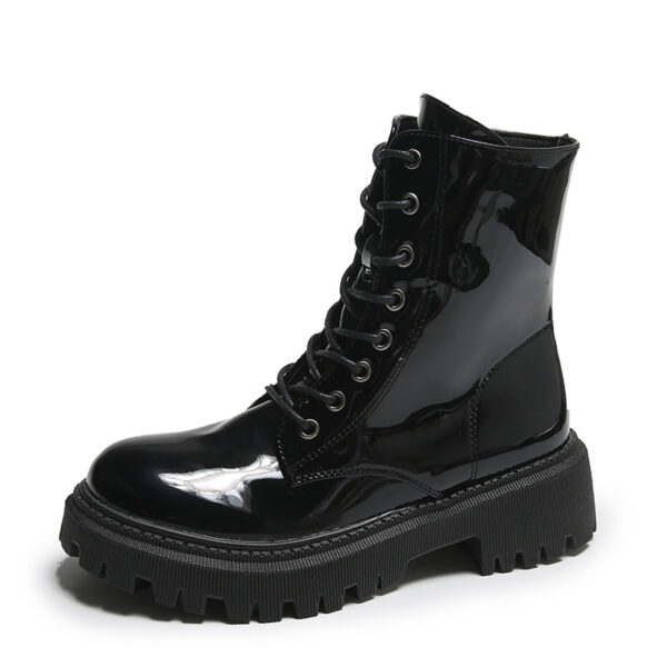 Patent Leather Mid Heel Round Toe Short Motorcycle Boots - Image 4